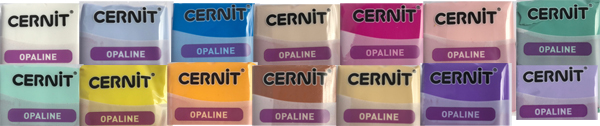 Cernit Opaline White (Porcelain), Blue-Grey, Primary Blue, Carnation(Flesh), Magenta  Pink, Celedon Green, Mint Green, Primary Yellow, Apricot, Caramel, and Sand Beige, Violet and Lilac.